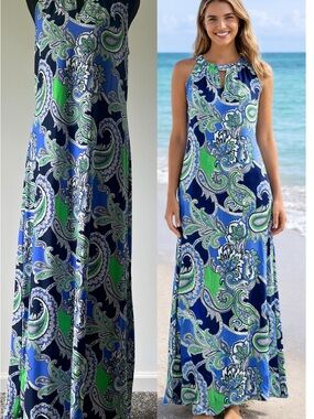 Jude Connally Anya Halter Blue Green Paisley Maxi Dress Medium Side Slit